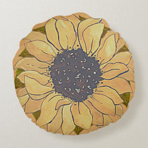 Rustige gouden waterverf zonnebloem R Rond Kussen