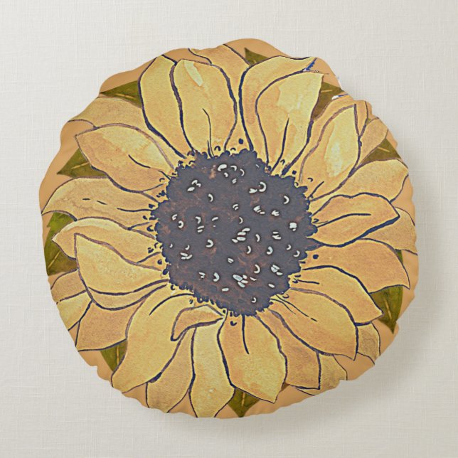 Rustige gouden waterverf zonnebloem R Rond Kussen (Achterkant)
