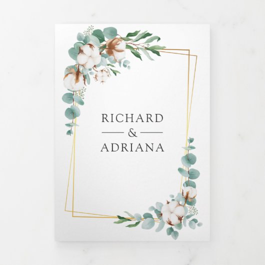 Rustige goudkatoen Eucalyptus QR Code Weddenschap Drieluik Uitnodiging (Cover)