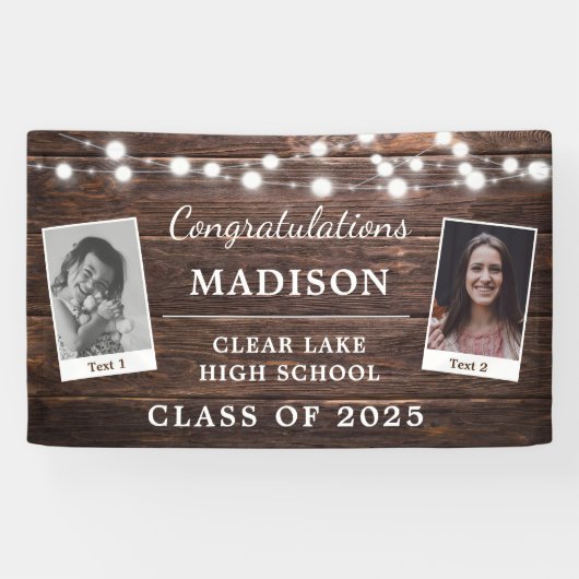 Rustige Graduation Party Modern Wood String Lights Spandoek (Horizontaal)