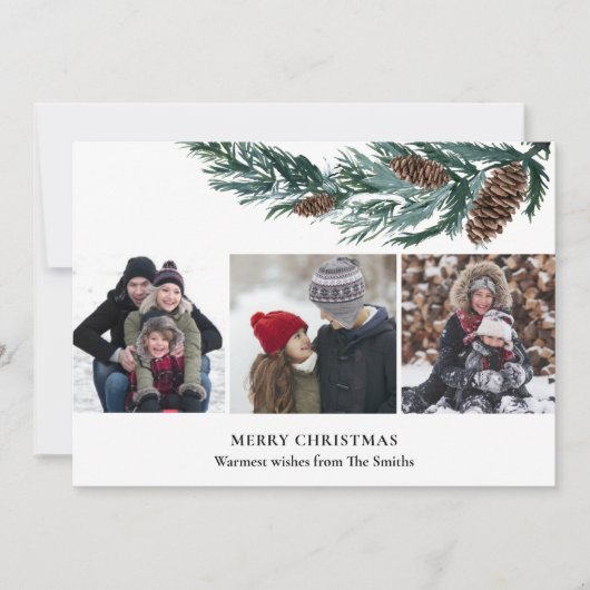 Rustige Green Pine Cone Bough 3 Photo Minimalist Feestdagenkaart (Voorkant)