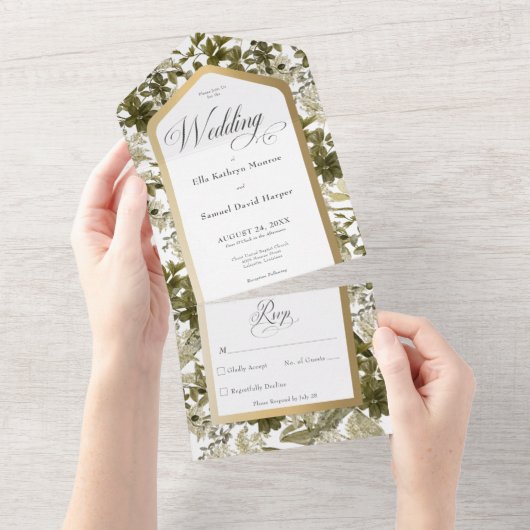Rustige Greenery Botanical Gold Lijst No Dinner All In One Uitnodiging (Afscheurbaar)