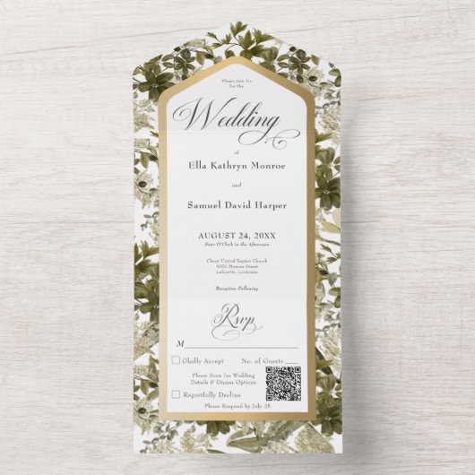 Rustige Greenery Botanical Gold Lijst QR Code All In One Uitnodiging (Binnen)