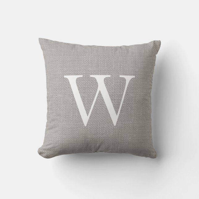 Rustige grijze jute monogram kussen (Voorkant)