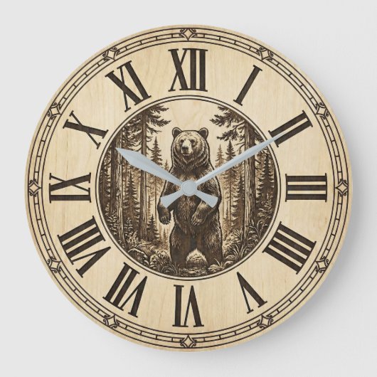 Rustige Grizzlybeer Wandklok | Houtstijl (Voorkant)