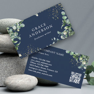 Rustige groenbladeren Goud Navyblauw Eucalyptus QR Visitekaartje