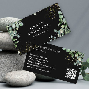 Rustige groenbladeren Goud Navyblauw Eucalyptus QR Visitekaartje