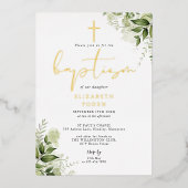 Rustige groene bladeren Elegant doopmonogram Folie Uitnodiging (Voorkant)