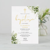 Rustige groene bladeren Elegant doopmonogram Folie Uitnodiging (Staand Voorkant)