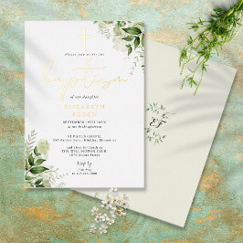 Rustige groene bladeren Elegant doopmonogram Folie Uitnodiging