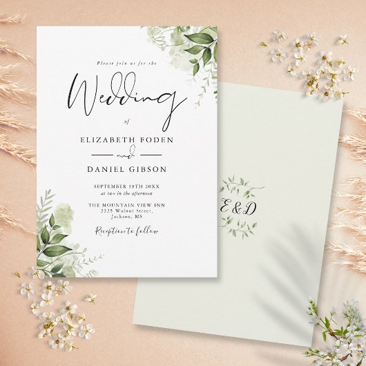 Rustige groene bladeren Elegant Monogram Huwelijk Kaart