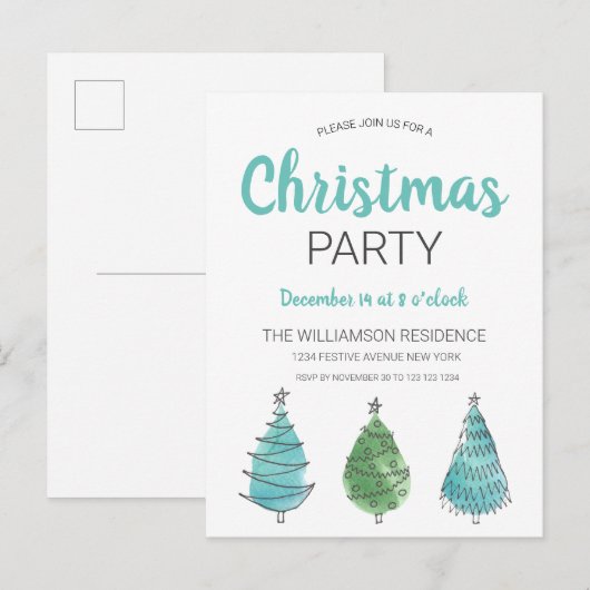 Rustige groene blauwe kerstbomen uitnodiging briefkaart (Voorkant / Achterkant)