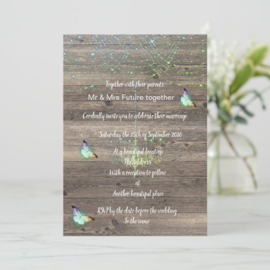 Rustige  groene blauwe vlinder bruiloft kaart (Staand voorkant)