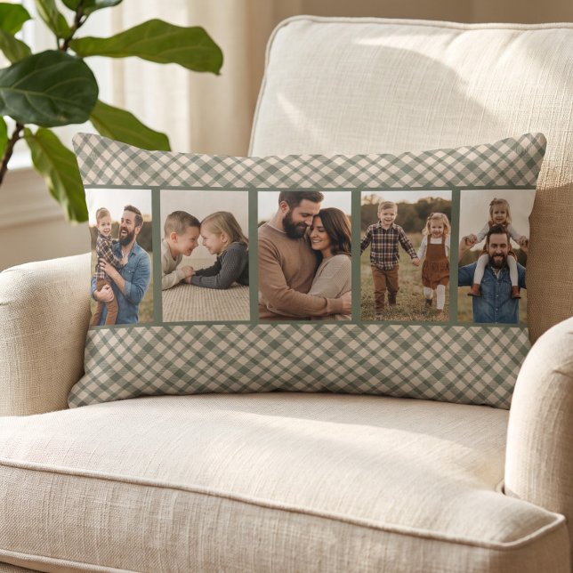 Rustige groene Buffalo geruite multi foto Kussen (Green buffalo plaid pillow with custom photos - by Darling & May)