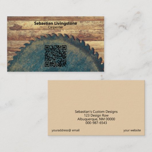 Rustige groene cirkelzagen Carpentry QR Code Front Visitekaartje (Voorkant / Achterkant)