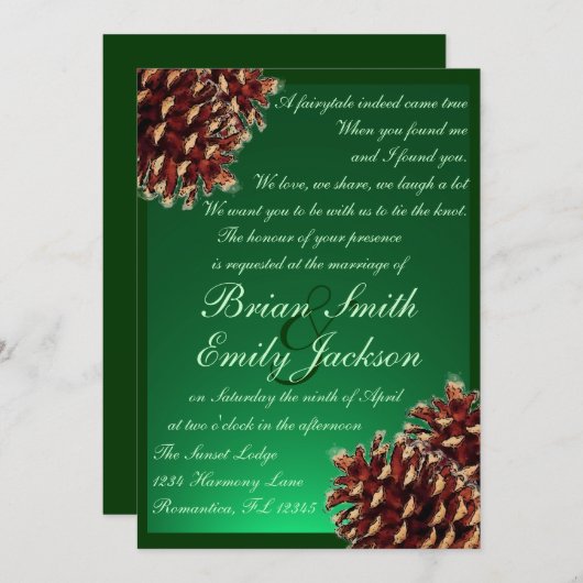 Rustige groene dennenappeluitnodigingen voor een a kaart (Voorkant / Achterkant)