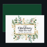 Rustige groene elegante goudoliefabriek feestdagenkaart<br><div class="desc">Rustic Green Elegant Script Gold Foliage Floral Holiday Kaart. Verstuur uw geliefden warme wensen en groeten met deze eenvoudige, kische en moderne Greeting Holiday Cards! Een lijst van waterverf goud en groenbladeren met rode bessen. Het midden bevat uw begroetsbericht "Vrolijk Kerstmis & VERHAAL NIEUW JAAR" met aanpasbare namen. Ik wens...</div>