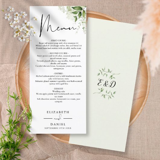 Rustige groene elegante monogram trouwdiner menu