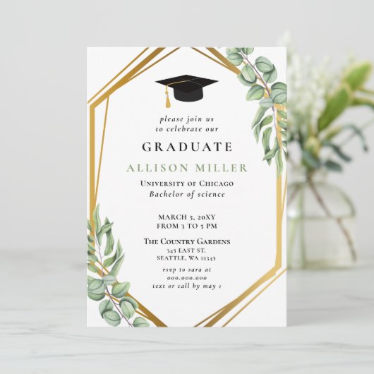 Rustige groene Eucalyptus Gold Geometric Afstudere Kaart (Staand voorkant)