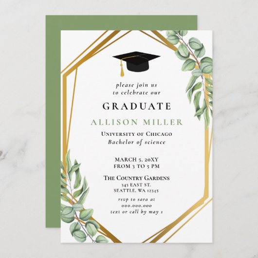 Rustige groene Eucalyptus Gold Geometric Afstudere Kaart (Voorkant / Achterkant)