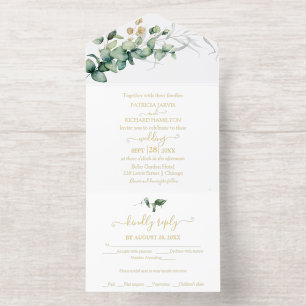 Rustige Groene Eucalyptus Kalligrafie Bruiloft All In One Uitnodiging