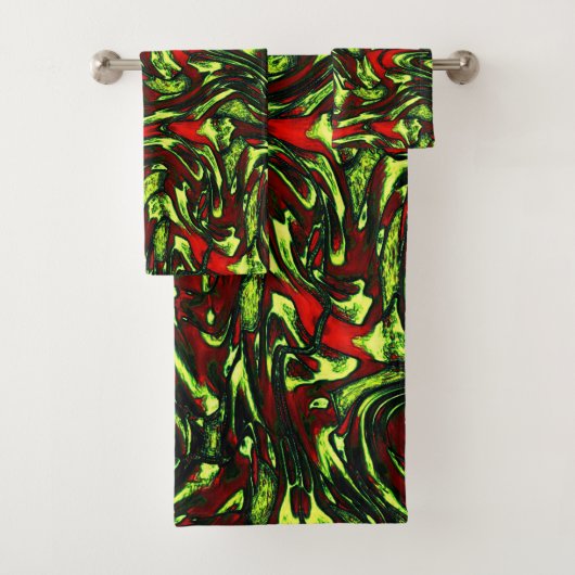 Rustige groene gele en levendige rode krommen bad handdoek (Insitu)