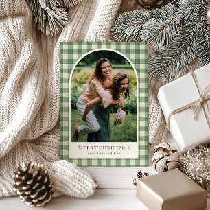 Rustige groene geruite boog foto moderne Kerstmis Feestdagenkaart