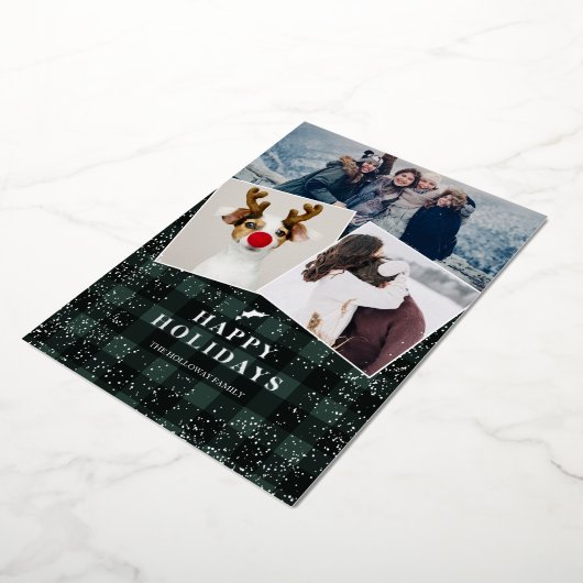 Rustige groene geruite flanel maretak sneeuw 3 fot folie feestdagenkaart (Gedraaid)