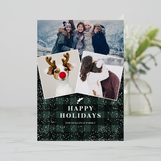 Rustige groene geruite flanel maretak sneeuw 3 fot folie feestdagenkaart (Staand Voorkant)