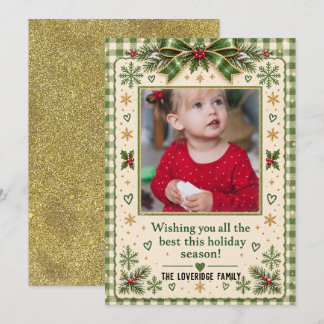 Rustige groene geruite gouden kerstfoto vakantie feestdagenkaart