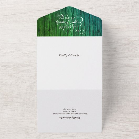 Rustige groene houten hartwonden in één keer all in one uitnodiging (Buitenkant)