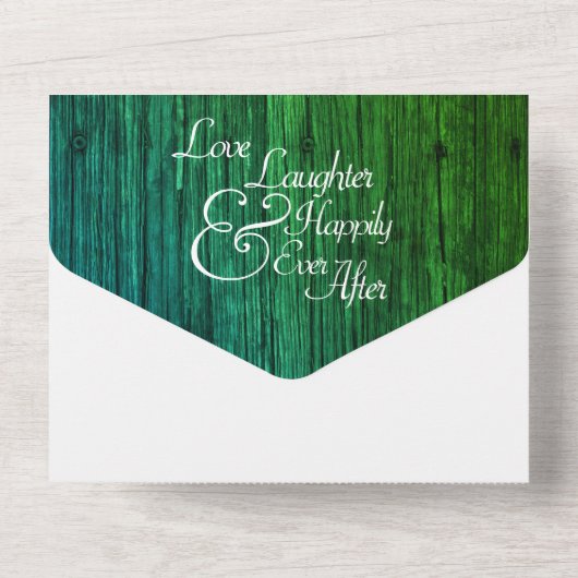 Rustige groene houten hartwonden in één keer all in one uitnodiging (Achterkant)