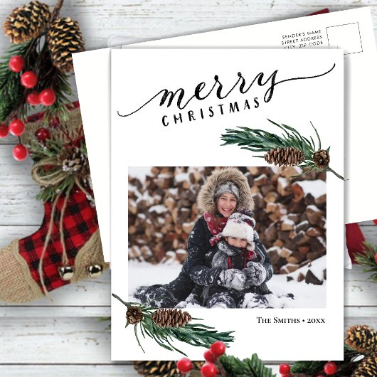 Rustige groene pijnboom Waterverf Feestdagenkaart