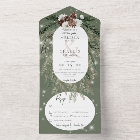 Rustige groene pine Winter Sparkle Dinner All In One Uitnodiging (Binnen)