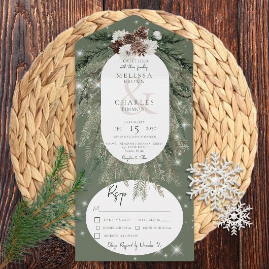 Rustige groene pine Winter Sparkle Dinner All In One Uitnodiging