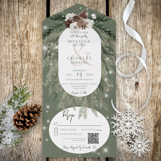 Rustige groene pine Winter Sparkle QR-code All In One Uitnodiging