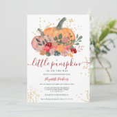 Rustige groene rode florale pompoen herfst baby sh kaart (Staand voorkant)