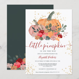Rustige groene rode florale pompoen herfst baby sh kaart