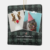 Rustige groene vlam mistletoe sneeuw 2 foto's keramisch ornament (Links)