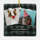 Rustige groene vlam mistletoe sneeuw 2 foto's keramisch ornament (Voorkant)