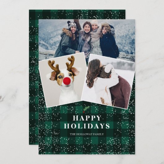 Rustige groene vlam mistletoe sneeuw 3 foto's feestdagenkaart (Voorkant / Achterkant)
