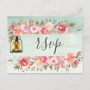 Rustige groene Waterverf Floral Lantern Wedding Uitnodiging Briefkaart