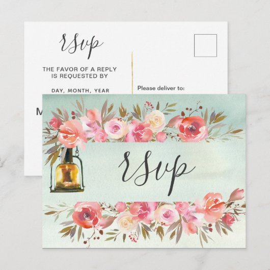 Rustige groene Waterverf Floral Lantern Wedding Uitnodiging Briefkaart (Voorkant / Achterkant)