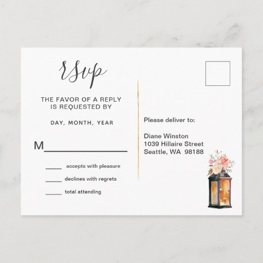 Rustige groene Waterverf Floral Lantern Wedding Uitnodiging Briefkaart (Achterkant)