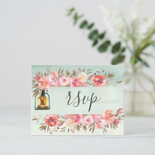 Rustige groene Waterverf Floral Lantern Wedding Uitnodiging Briefkaart (Staand voorkant)