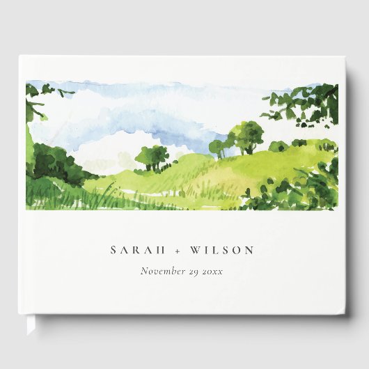 Rustige groene Waterverf Landelijke Hills Wedding Gastenboek (Voorkant)