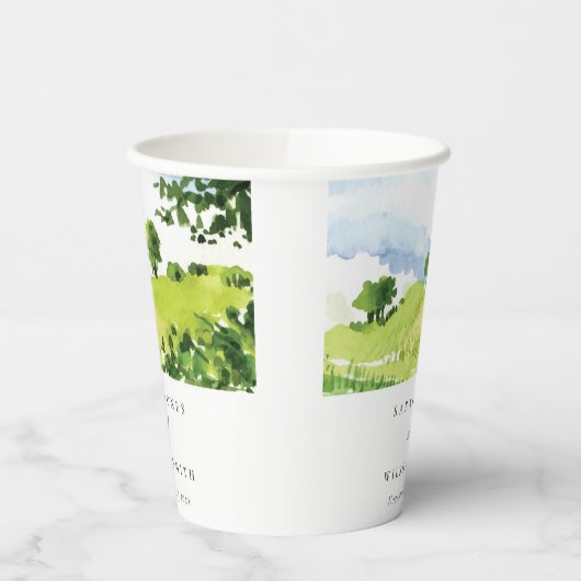 Rustige groene Waterverf Landelijke Hills Wedding Papieren Bekers (Links)