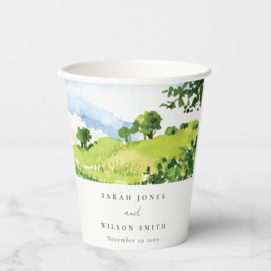 Rustige groene Waterverf Landelijke Hills Wedding Papieren Bekers (Voorkant)
