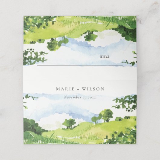 Rustige groene Waterverf Landelijke Hills Wedding Plaatskaartje (Buitenkant ongevouwen)
