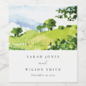 Rustige groene Waterverf Landelijke Hills Wedding Wijn Etiket (Enkel label)